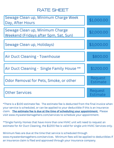 Rate sheet detailing charges for various cleaning and removal services.